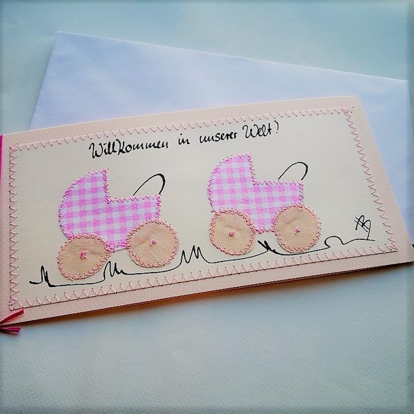 Glückwunschkarte Geburt Zwillinge Mädchen rosa